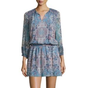 Joie Aidee Blue Printed Silk Chiffon Long Sleeve Mini Dress Large